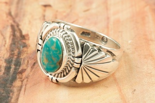Genuine Royston Turquoise Stone set in Sterling Silver Ring. The Royston Turquoise Mine is located in Nye County, Nevada. Created by Navajo Artist Thomas Chischilly. Signed by the artist.